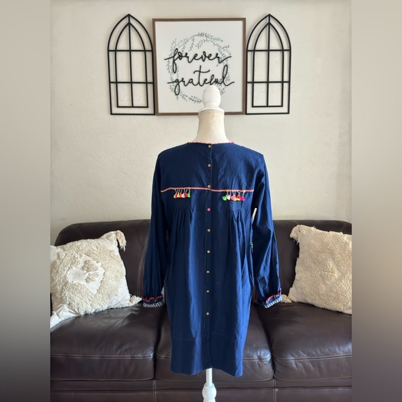 Pero 100% Cotton Tunic Dress In Navy Blue Designer Size 38 Handmade In India - Picture 13 of 16